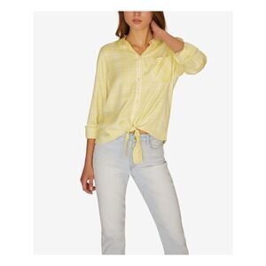 SANCTUARY Womens Yellow Plaid Long Sleeve Collared Button Up Top Size: XS